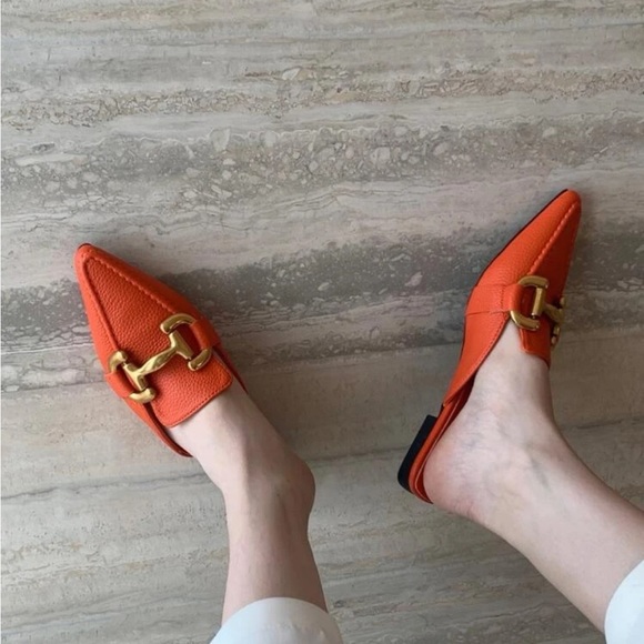 Orange Avant-garde Solid Color Mules With Metal Decoration, Pointed Toe And Flat - Picture 3 of 6